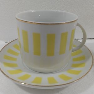 Set Of 2 White And Yellow Striped Coffee Tea Mug With Saucers Gold Trim